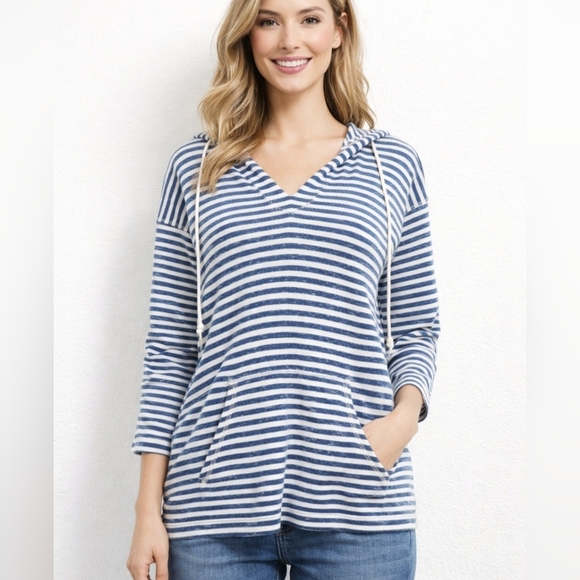 Chaps Tops - Chaps Woman's hoodie Blue striped Top V‑neck pullover Kangaroo Pocket size M